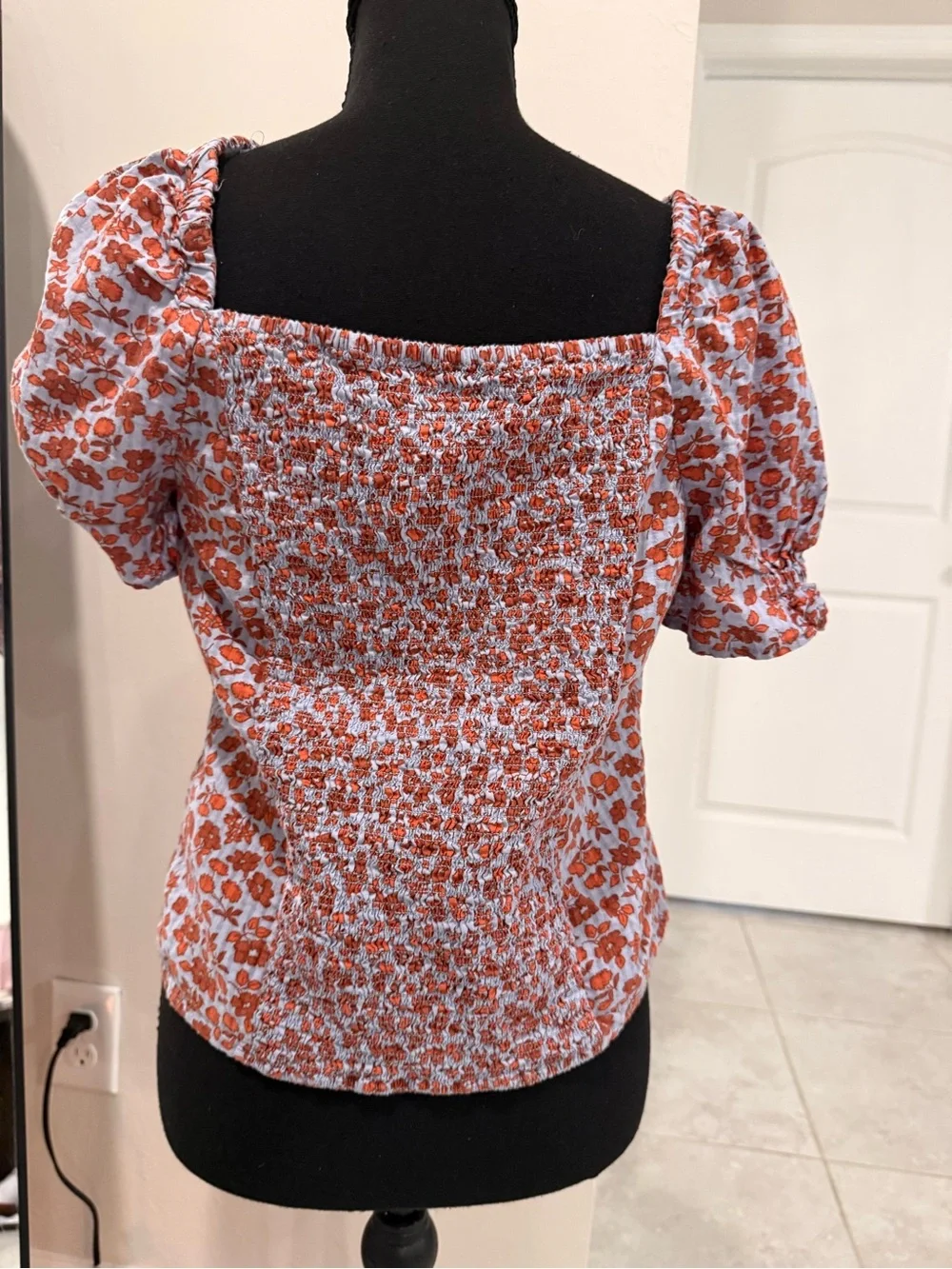 Madewell Size 4 Floral Puff Sleeve Button Front Square Neck Blouse